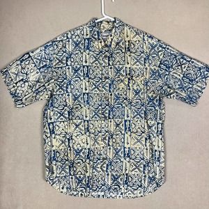 Straight Down Button Up Shirt Extra Large Cream/Blue Hawaiian Cotton Mens